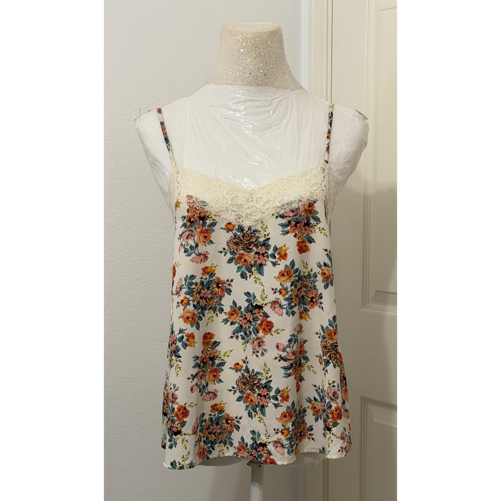 Wet Seal Floral Lace Trim Cami‎ Top Womens sz M V-Neck Y2K coquette soft girl